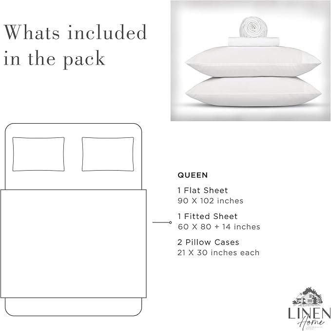 Linen Home Washed Cotton Percale Queen Sheet Set, White, Deep Pocket, 4 Pieces Bed Sheets - 1 Flat Sheet, 1 Fitted Sheet & 2 Envelope Closure Pillowcases, Cool and Comfortable Bed Linen - LeafyLoom