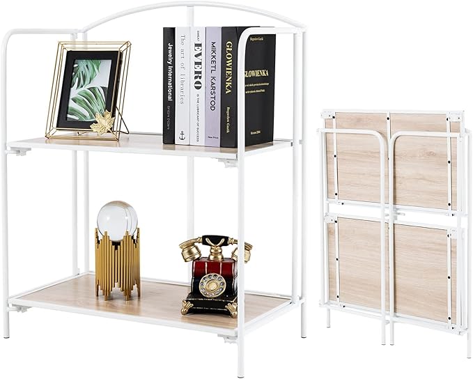 No Assembly Folding Bookshelf for Living Room, 2 Tier White Collapsible Book Shelf for Home Office, Portable Bookcase Storage Organizer - LeafyLoom