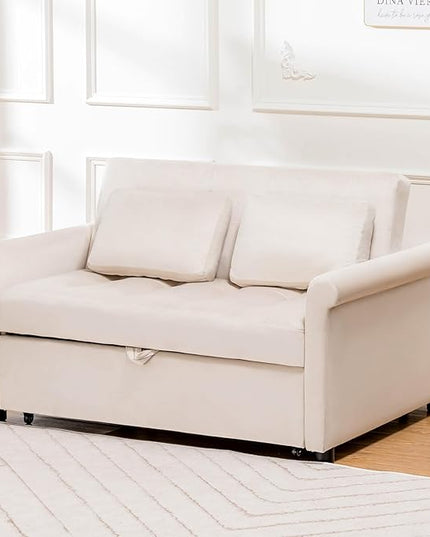 COMHOMA 55" Sleeper Sofa Bed, 3-in-1 Pull Out Couch with Adjustable Backrest and Pillows, Convertible Sleeper Couch for Living Room and Office (White) - LeafyLoom