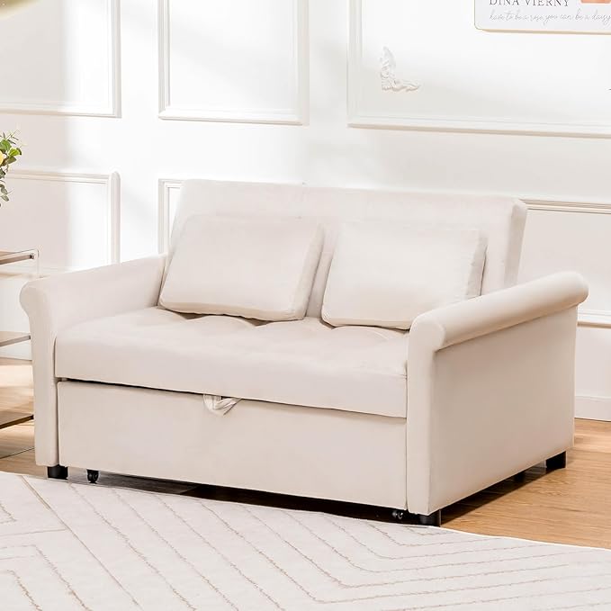 COMHOMA 55" Sleeper Sofa Bed, 3-in-1 Pull Out Couch with Adjustable Backrest and Pillows, Convertible Sleeper Couch for Living Room and Office (White) - LeafyLoom