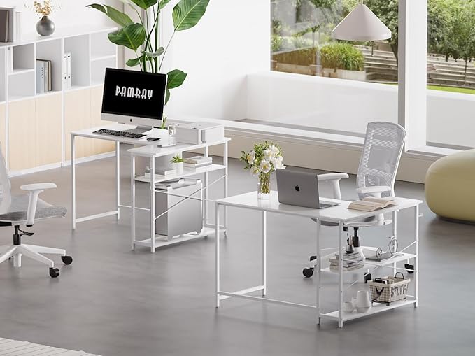 Pamray 43 Inch L Shaped Computer Desk with Reversible Side Storage Shelves, Small Corner Desk for Small Space Home Office,Writing Study Table PC Desk for Bedroom,White - LeafyLoom