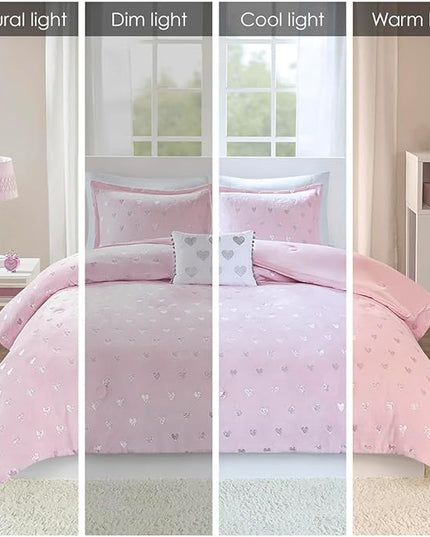 Mi Zone Rosalie Comforter Set for Girls, Ultra-Soft Microlight Plush Metallic Printed Hearts Brushed Reverse Overfilled Down Alternative Hypoallergenic All Season, Twin/Twin XL, Pink/Silver, 3 Piece - LeafyLoom