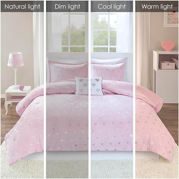 Mi Zone Rosalie Comforter Set for Girls, Ultra-Soft Microlight Plush Metallic Printed Hearts Brushed Reverse Overfilled Down Alternative Hypoallergenic All Season, Twin/Twin XL, Pink/Silver, 3 Piece - LeafyLoom