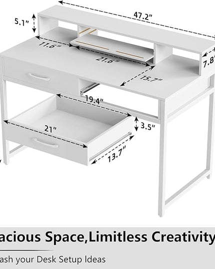 Computer Desk with Drawers, 47" Home Office Desk with Monitor Shelf, Writing Desk with Storage, Gaming Desk Work Desk Study Desk for Bedroom, White - LeafyLoom