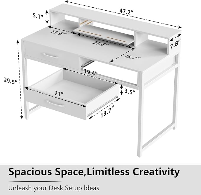 Computer Desk with Drawers, 47" Home Office Desk with Monitor Shelf, Writing Desk with Storage, Gaming Desk Work Desk Study Desk for Bedroom, White - LeafyLoom