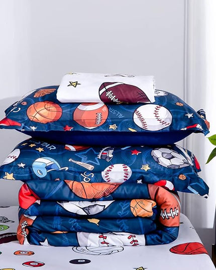 Wajade Sports Comforter Set Bed in A Bag Full Size 7 Piece 3D Soccer Basketball Baseball Football Bedding Set for Kids Boys (1 Comforter, 1 Flat Sheet, 1 Fitted Sheet, 2 Pillowcase and 2 Pillow Sham) - LeafyLoom