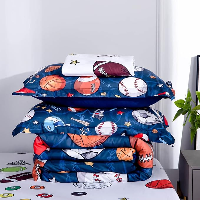 Wajade Sports Comforter Set - 7 Piece Queen Bedding with 3D Soccer, Basketball, Baseball, Football Design for Kids - LeafyLoom