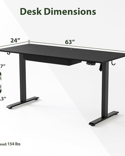 Adjustable Height Electric Standing Desk with Storage Wooden Drawer, 63 x 24 Inches Stand Up Home Office Computer Gaming Table with Splice Board for Work Office Home, Black - LeafyLoom