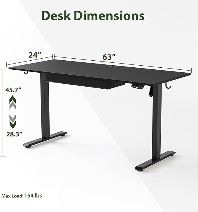 Adjustable Height Electric Standing Desk with Storage Wooden Drawer, 63 x 24 Inches Stand Up Home Office Computer Gaming Table with Splice Board for Work Office Home, Black - LeafyLoom
