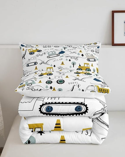 Construction Comforter Set Full Size Kids Cartoon Car Excavator Tractor Toddler Comforter Equipment Trucks Dinosaur Comforter Set Construction Vehicles White Yellow Duvet Set Quilt Set - LeafyLoom