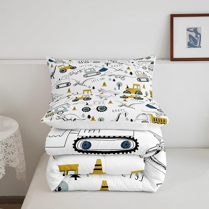 Construction Comforter Set Full Size Kids Cartoon Car Excavator Tractor Toddler Comforter Equipment Trucks Dinosaur Comforter Set Construction Vehicles White Yellow Duvet Set Quilt Set - LeafyLoom