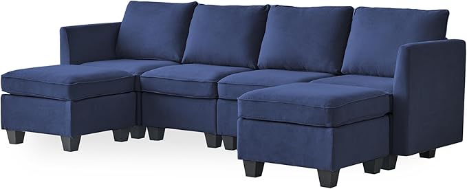 Modern Chenille Fabric U-Shaped 6 Seat Sectional Sleeper Couch with Reversible Chaise Modular Sofa with Storage, Large, Dark Blue - LeafyLoom