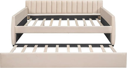 Full Size Velvet Upholstered Daybed with Trundle, Solid Wood Bed w/Vertical Stripes Designed Backrest and Pine Legs, for Living Room, Bedroom, Dorm, No Box Spring Needed - LeafyLoom