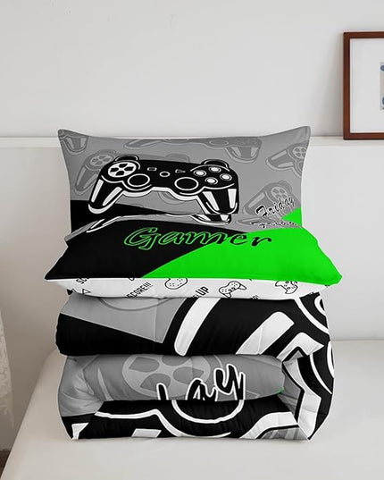 Feelyou Gamer Comforter Set Gaming Bedding Set for Teens Boys Video Game Decor Comforter Game Controller Quilted Duvet Set 1 Comforter with 1 Pillowcase Twin Green - LeafyLoom