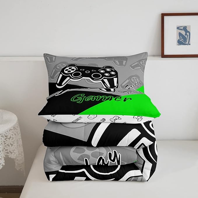 Feelyou Gamer Comforter Set Gaming Bedding Set for Teens Boys Video Game Decor Comforter Game Controller Quilted Duvet Set 1 Comforter with 1 Pillowcase Twin Green - LeafyLoom
