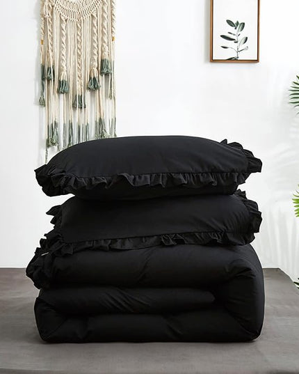 Black Ruffled Comforter Set Full Size Bedding Set Women Black Ruffles Blanket Men Black Ruffled Comforter Farmhouse Ruffle Fringe Design Girls 3 PCs Solid Black Ruffled Bedding Set - LeafyLoom
