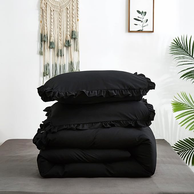 Black Ruffled Comforter Set Full Size Bedding Set Women Black Ruffles Blanket Men Black Ruffled Comforter Farmhouse Ruffle Fringe Design Girls 3 PCs Solid Black Ruffled Bedding Set - LeafyLoom
