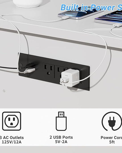 Reversible Computer Desk with File Drawers, 55 Inch Office Desk with RGB LED Light and Power Outlet, Sturdy Writing Desk with Keyboard Tray, Modern Study Table for Workstation Bedroom, White - LeafyLoom
