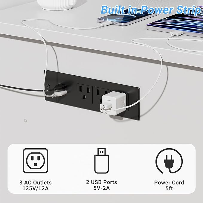 Reversible Computer Desk with File Drawers, 55 Inch Office Desk with RGB LED Light and Power Outlet, Sturdy Writing Desk with Keyboard Tray, Modern Study Table for Workstation Bedroom, White - LeafyLoom