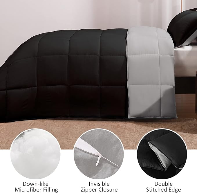 Basic Beyond Twin Comforter Set for Girls and Boys - Fluffy Twin Bed Comforter Set for All Seasons - Reversible Black and Grey Twin Comforter Set - 2 Pieces (1 Comforter + 1 Pillow Sham) - LeafyLoom