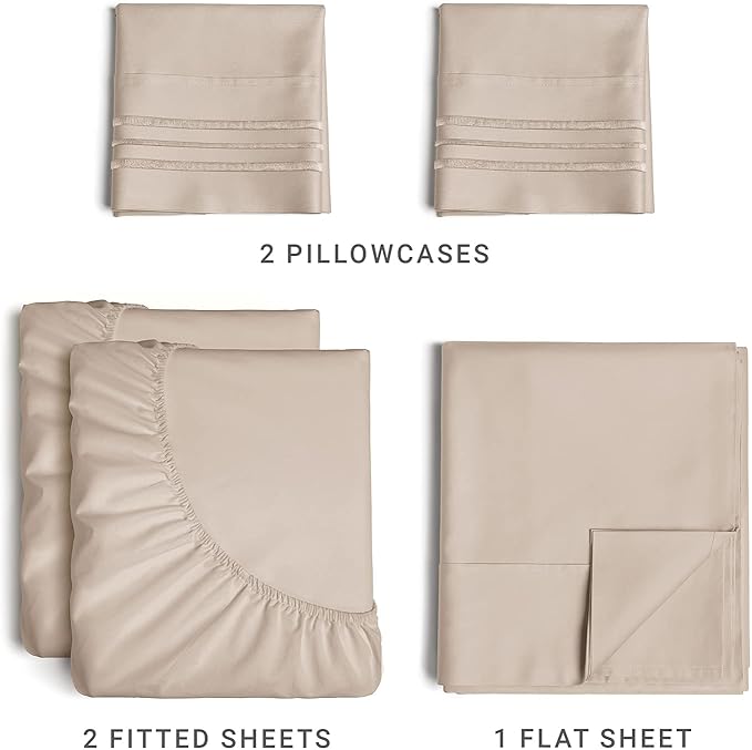 Split King Size 5 Piece Sheet Set - Comfy Breathable & Cooling Sheets - Hotel Luxury Bed Sheets for Women & Men - Deep Pockets, Easy-Fit, Soft & Wrinkle Free Sheets - Wheat Oeko-Tex Bed Sheet Set - LeafyLoom