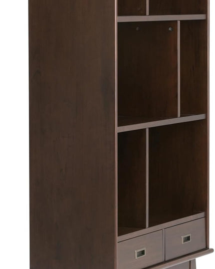 SIMPLIHOME Draper SOLID HARDWOOD 35 Inch Mid Century Modern Wide Bookcase and Storage Unit in Medium Auburn Brown, For the Living Room, Study Room and Office - LeafyLoom