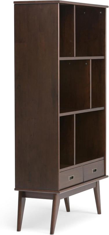 SIMPLIHOME Draper SOLID HARDWOOD 35 Inch Mid Century Modern Wide Bookcase and Storage Unit in Medium Auburn Brown, For the Living Room, Study Room and Office - LeafyLoom