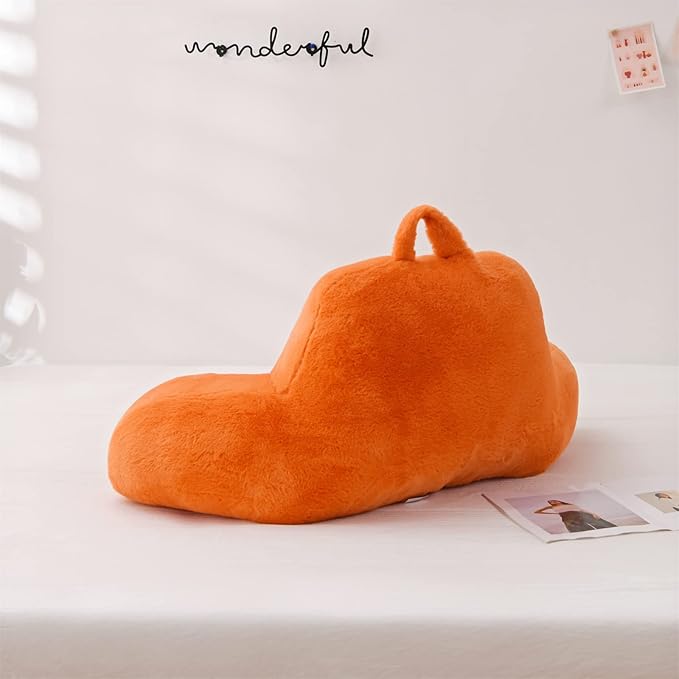 A Nice Night Faux Fur Reading Pillow Bed Wedge Large Adult Children Backrest with Arms Back Support for Sitting Up in Bed/Couch for Bedrest, Orange - LeafyLoom