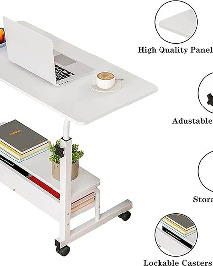 Adjustable Height Mobile Computer Desk for Small Space Rolling Writing with Wheels Corner Home Office Study Portable Bedrooms Work Size 31.5x15.7 Inch Storage Gaming Table, White - LeafyLoom