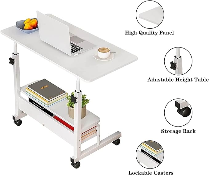 Adjustable Height Mobile Computer Desk for Small Space Rolling Writing with Wheels Corner Home Office Study Portable Bedrooms Work Size 31.5x15.7 Inch Storage Gaming Table, White - LeafyLoom