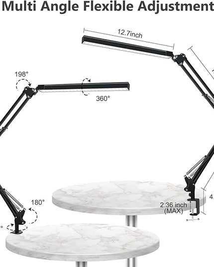 ODOM Adjustable Swing Arm Desk Lamps with Clamp, Upgraded 3 Color Modes 6 Brightness Stepless Dimming, Eye-Caring Memory Function Led Table Light for Home Office Reading Nail Desk, Black, 12W Adapter - LeafyLoom