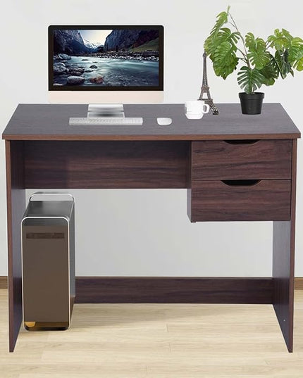 Home Office Computer Desk, 35.4" Small Study Writing Table, with Storage Drawers, Modern Teen Student Adult PC Table Desk, Walnut - LeafyLoom