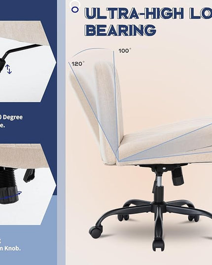 Armless Office Chair with Wheels Wide Desk Chair Leather Mid Back Accent Chair Padded Swivel Vanity Chair for Girl Women Computer Task Chair for Home Office (Linen, Beige) - LeafyLoom