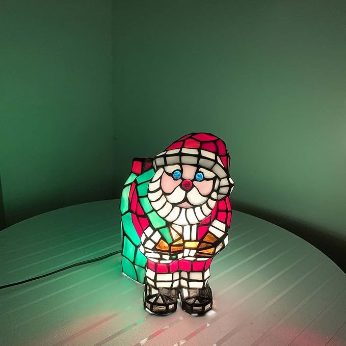 Bieye L10826 Christmas Santa Claus Table Lamp Tiffany Style Stained Glass Night Light for Home Décor (5.75" L x 6.75" D x 9" H) - LeafyLoom