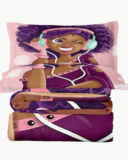 Twin Bedding Sets for Girls, Cute African American Black Girl Magic Comforter Set, Pink Bed Set for Toddler Kids Teenager, Gift for Little Girls Bedroom Decor, 1 Comforter with 2 Pillowcases - LeafyLoom