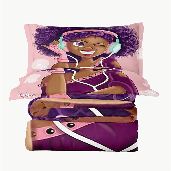 Twin Bedding Sets for Girls, Cute African American Black Girl Magic Comforter Set, Pink Bed Set for Toddler Kids Teenager, Gift for Little Girls Bedroom Decor, 1 Comforter with 2 Pillowcases - LeafyLoom