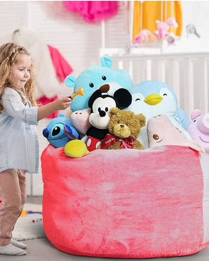 Bean Bag Chair Cover, Stuffed Animal Storage, Plush Toys Organizer Holder, Beanbag Chairs Cover for Kids Teans and Adults Super Soft and Comfortable Fabric X-Large with Handle and Zipper -Round Pink - LeafyLoom