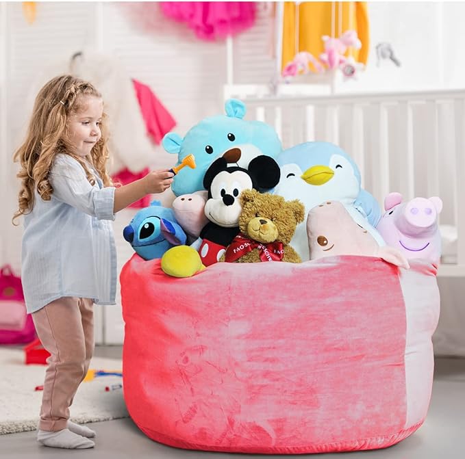 Bean Bag Chair Cover, Stuffed Animal Storage, Plush Toys Organizer Holder, Beanbag Chairs Cover for Kids Teans and Adults Super Soft and Comfortable Fabric X-Large with Handle and Zipper -Round Pink - LeafyLoom
