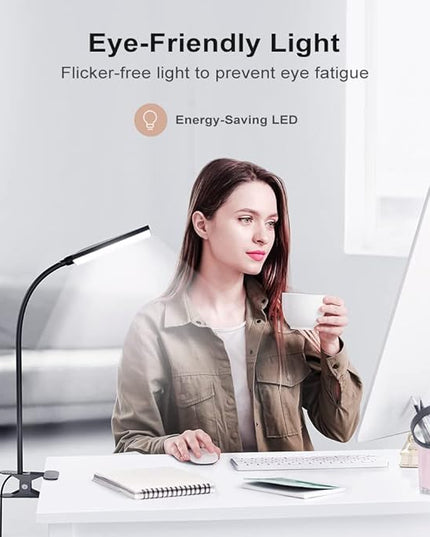 LED Desk Lamp with Clamp for Home Office, Dimmable Clip on Desk Light with USB Port, 3 Color Modes 11 Brightness Flexible Gooseneck Reading Lamp for Studying Working, Black - LeafyLoom