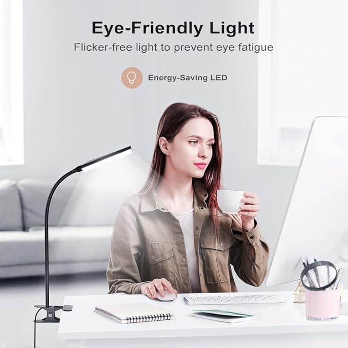 LED Desk Lamp with Clamp for Home Office, Dimmable Clip on Desk Light with USB Port, 3 Color Modes 11 Brightness Flexible Gooseneck Reading Lamp for Studying Working, Black - LeafyLoom