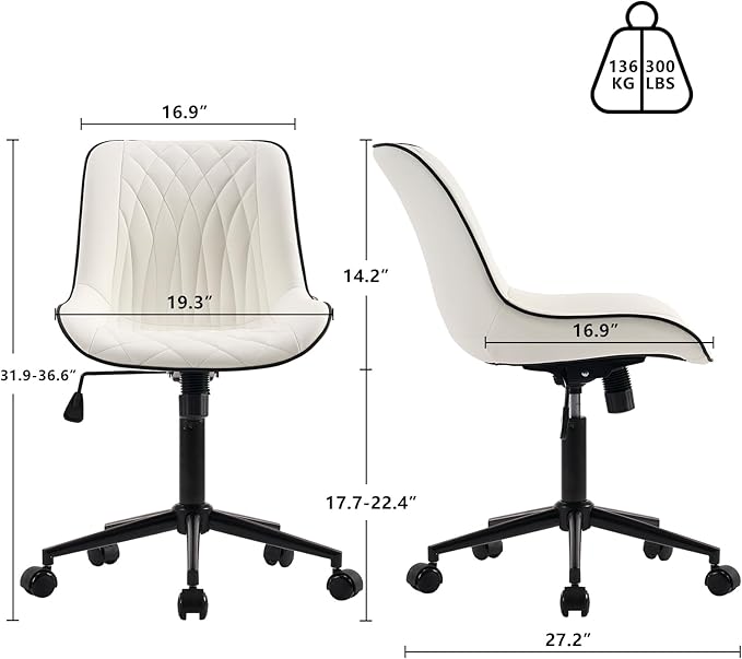 YOUNIKE Office Chair with Wheels Armless Desk Chair Swivel Rolling Task Chair with Back Upholstered Faux Leather Computer Chair Height Adjustable Modern Ergonomic Wide Seat White - LeafyLoom