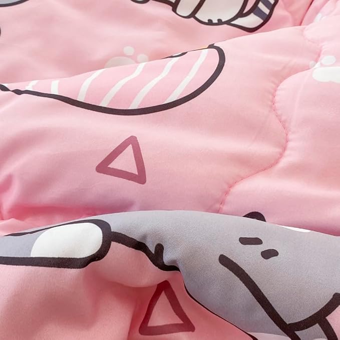7 Piece Girls Cat Comforter Set Queen Size Bed in A Bag Pink Cute Cartoon Pet Cats Bedding Set for Kids Boys Teens (1 Comforter, 1 Flat Sheet, 1 Fitted Sheet, 4 Pillow Sham) Gray - LeafyLoom