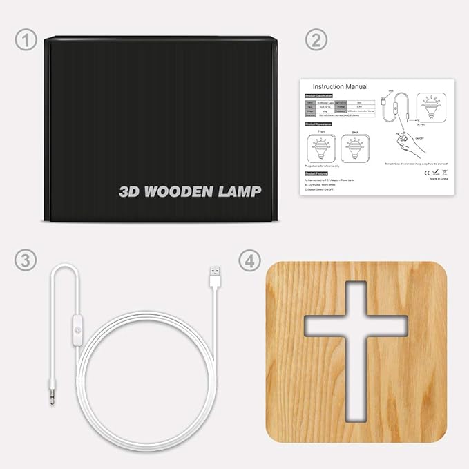 Lampeez Jesus Cross Wooden Lamp Novelty Night Light 3D Illusion lamp for Kids, Kids Decoration Lamp USB Power Bedroom Decor Xmas Holiday Birthday Gifts for Boy Girl - LeafyLoom