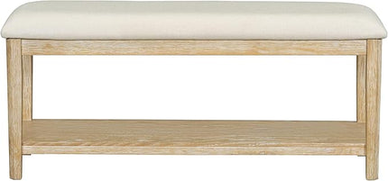 6-Piece Retro Dining Set, Minimalist Rectangular Table and 4 Upholstered Chairs & 1 Bench with a Shelf for Kitchen Living Room, Natural Wood Wash, 60" L x 43" W x 30" H - LeafyLoom