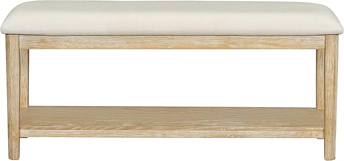 6-Piece Retro Dining Set, Minimalist Rectangular Table and 4 Upholstered Chairs & 1 Bench with a Shelf for Kitchen Living Room, Natural Wood Wash, 60" L x 43" W x 30" H - LeafyLoom