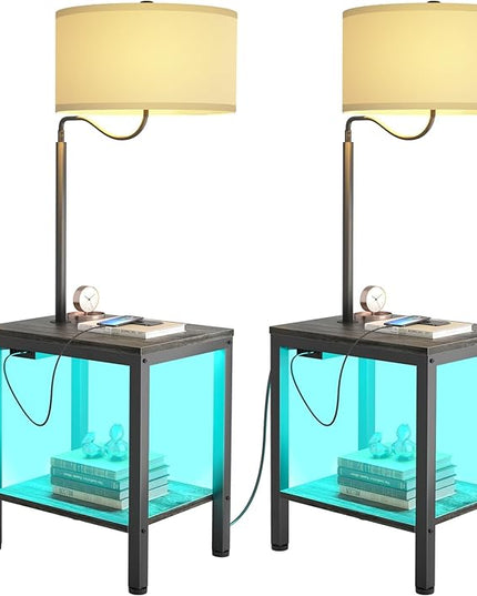 LED Floor Lamp with Table, Side Table with LED Light and Power Outlet, Nightstand with Lamp, End Table with Lamp Attached for Living Room, Bedroom, USB Ports, Bulb Included, Black Oak, 2 Pack - LeafyLoom