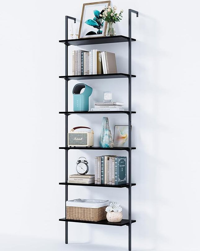 ODK 6-Tier Ladder Shelf, 87 Inches Wall Mounted Ladder Bookshelf with Metal Frame, Open Industrial Shelves for Home Office, Bedroom and Living Room, Black - LeafyLoom