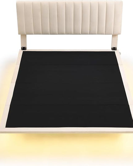 Queen Size Floating Sensor Light and Headboard, Velvet Platform Bed for Kids Girls Boys Teens Adults,No Box Spring Needed,Beige - LeafyLoom