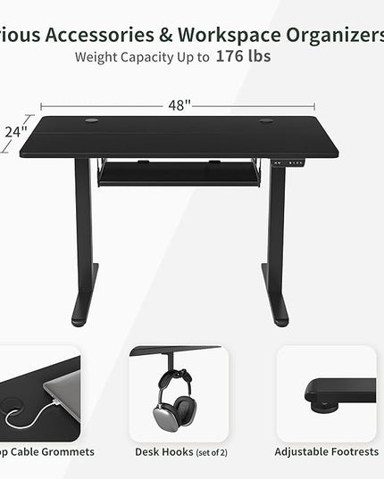 BANTI 48" x 24" Height Adjustable Electric Standing Desk with Keyboard Tray, Sit Stand up Desk with Splice Board, Black Frame/Black Top - LeafyLoom