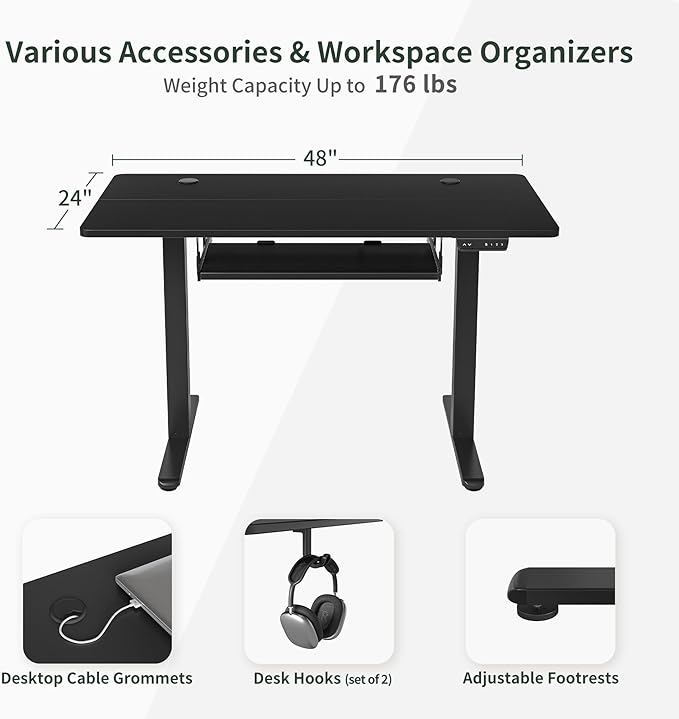 BANTI 48" x 24" Height Adjustable Electric Standing Desk with Keyboard Tray, Sit Stand up Desk with Splice Board, Black Frame/Black Top - LeafyLoom